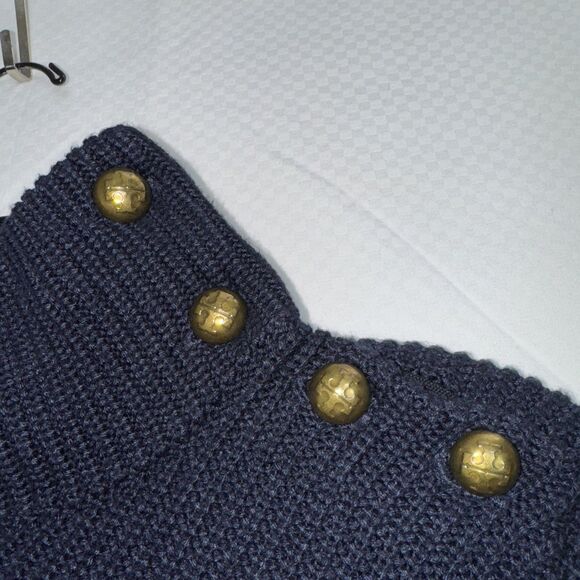 TORY BURCH Women Chunky Knit Sweater Dress Size S Navy MockNeck Gold Logo Button - Picture 2 of 8
